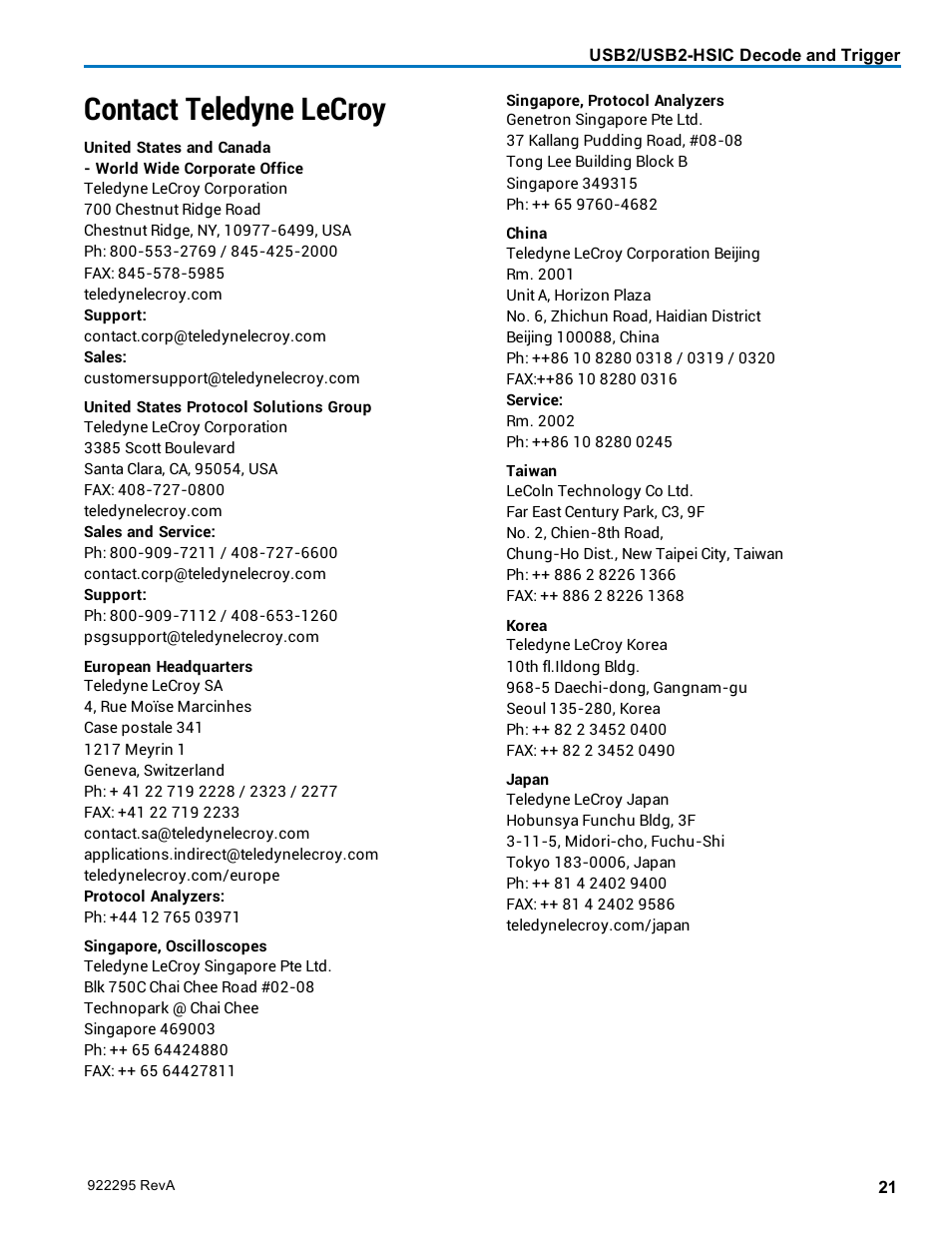 Contact teledyne lecroy | Teledyne LeCroy USB2-HSIC Decoder User Manual | Page 23 / 24