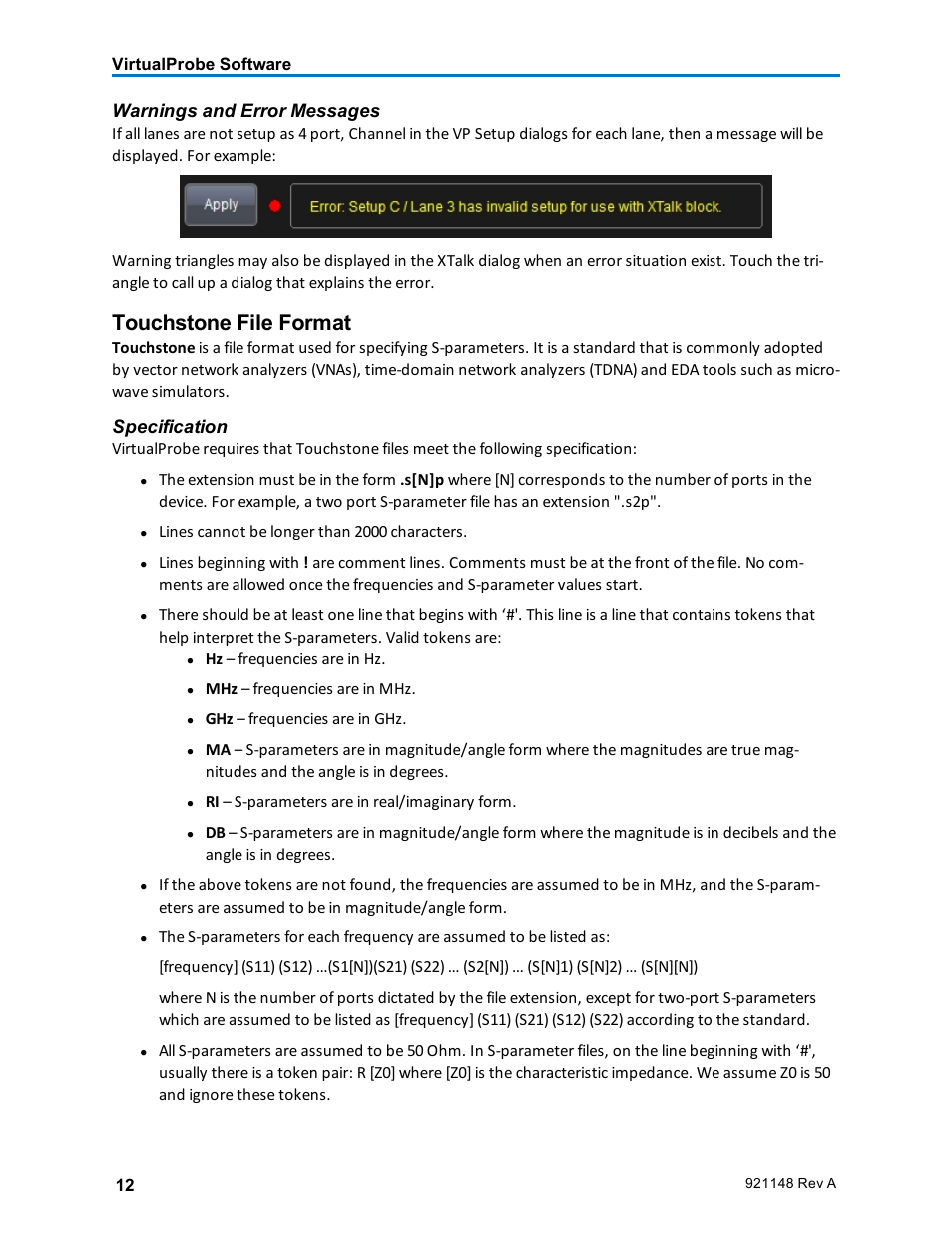 Touchstone file format, Warnings and error messages, Specification | Teledyne LeCroy VirtualProbe User Manual | Page 14 / 16