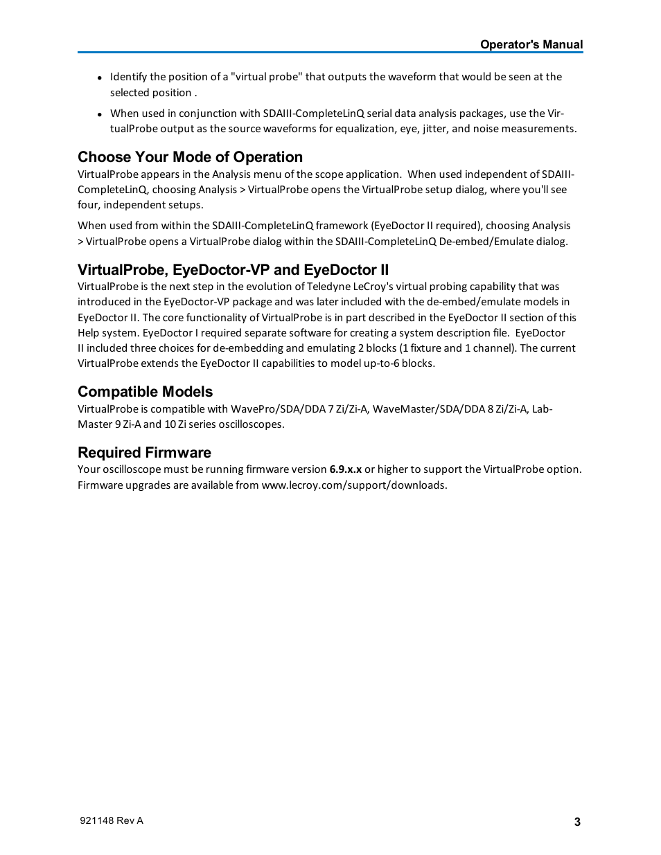 Choose your mode of operation, Virtualprobe, eyedoctor-vp and eyedoctor ii, Compatible models | Required firmware | Teledyne LeCroy VirtualProbe User Manual | Page 5 / 16