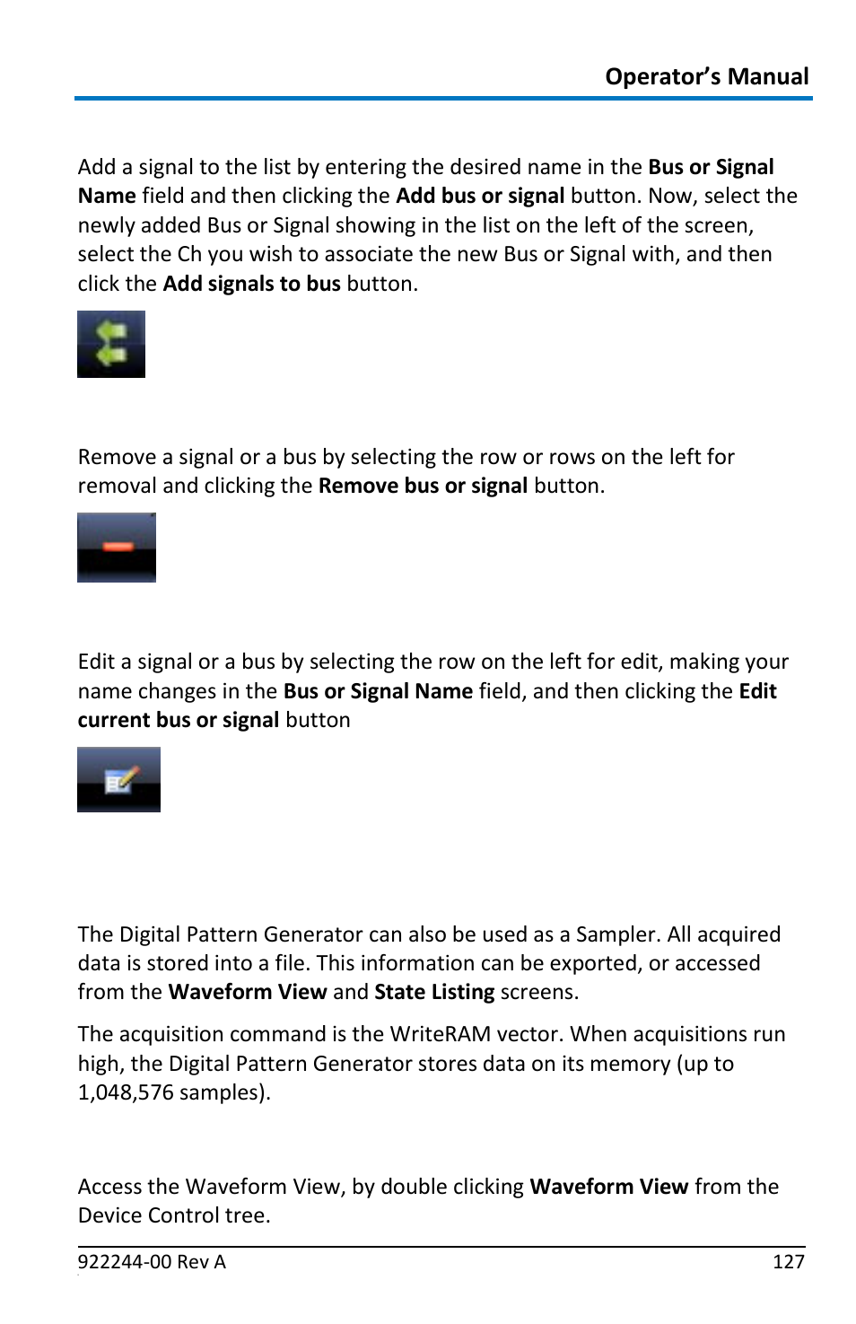 Adding a bus, Removing a signal or a bus, Editing a signal or bus name | The waveform view screen | Teledyne LeCroy ArbStudio User Manual | Page 135 / 228