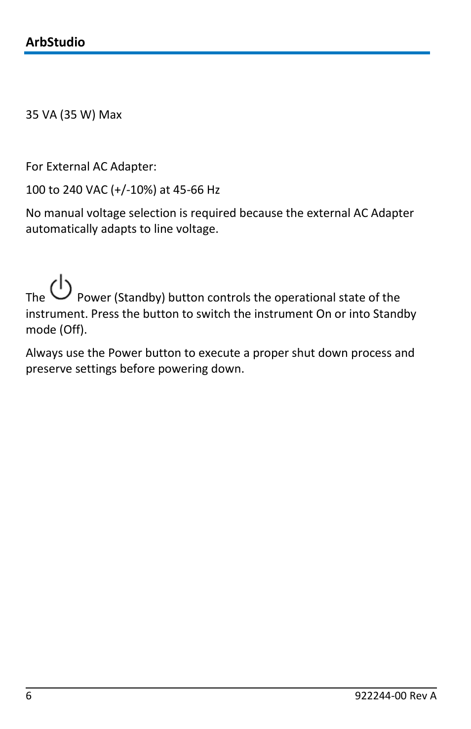 Power, Power consumption, Ac power source | Standby power | Teledyne LeCroy ArbStudio User Manual | Page 14 / 228