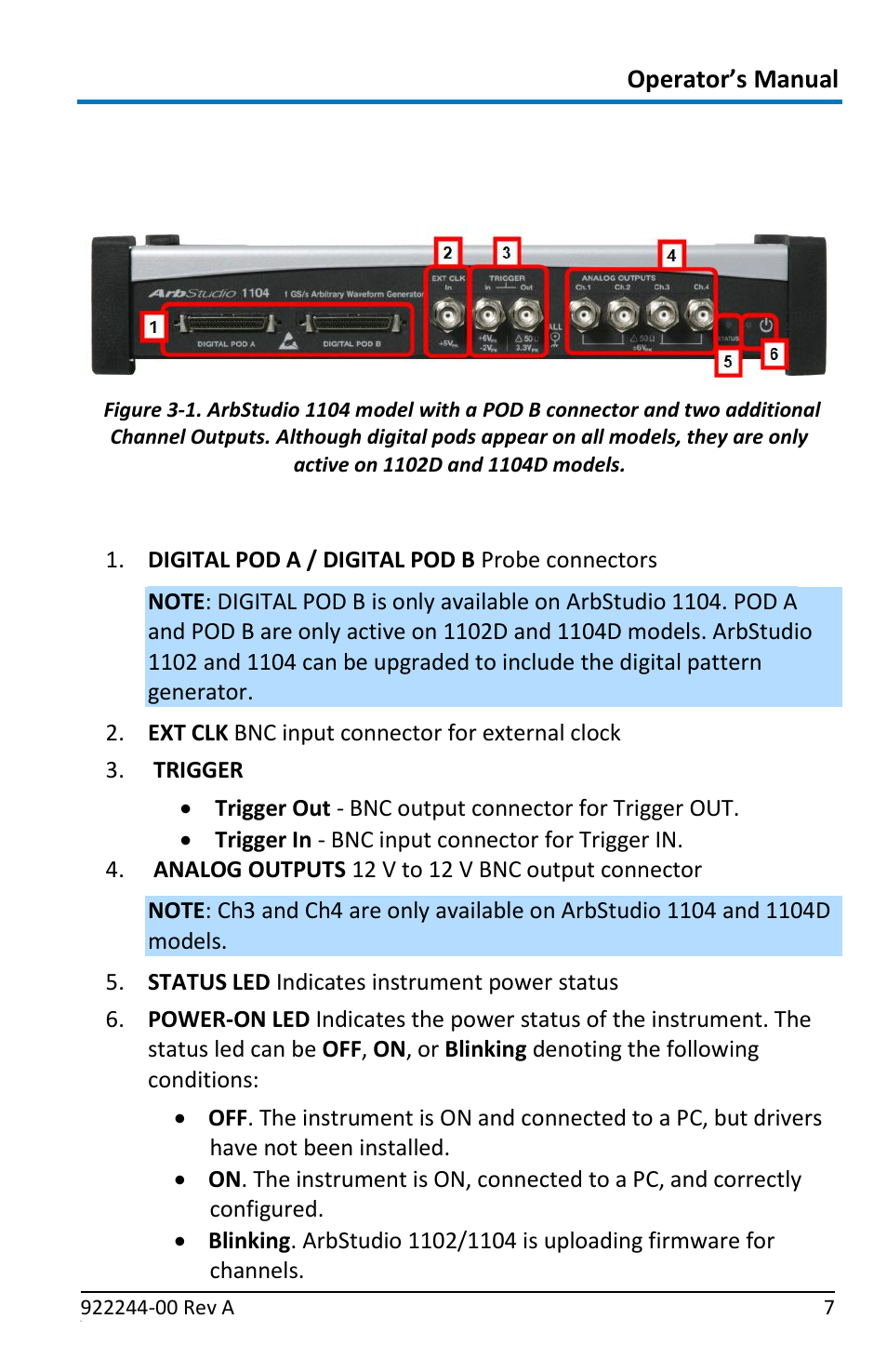 Hardware inputs and outputs, Front panel, Digital pod a / digital pod b | Teledyne LeCroy ArbStudio User Manual | Page 15 / 228