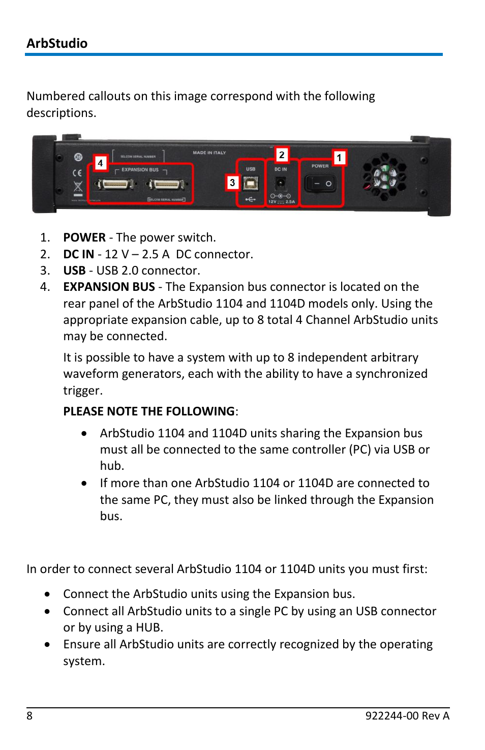 Back panel, Making expansion bus connections | Teledyne LeCroy ArbStudio User Manual | Page 16 / 228