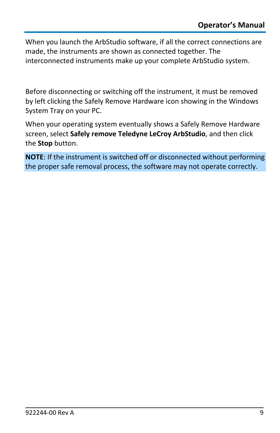 Removing expansion bus connections, Operator’s manual | Teledyne LeCroy ArbStudio User Manual | Page 17 / 228