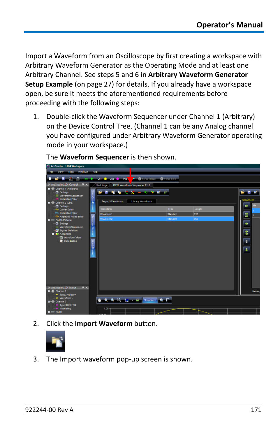 Importing a waveform from an oscilloscope, Operator’s manual | Teledyne LeCroy ArbStudio User Manual | Page 179 / 228