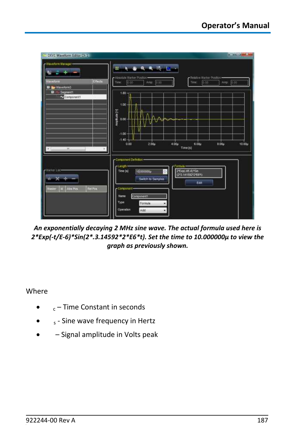 Exponentially decaying sine wave, V*exp(-t/t, Sin(2*pi*t*f | Formula's general format | Teledyne LeCroy ArbStudio User Manual | Page 195 / 228