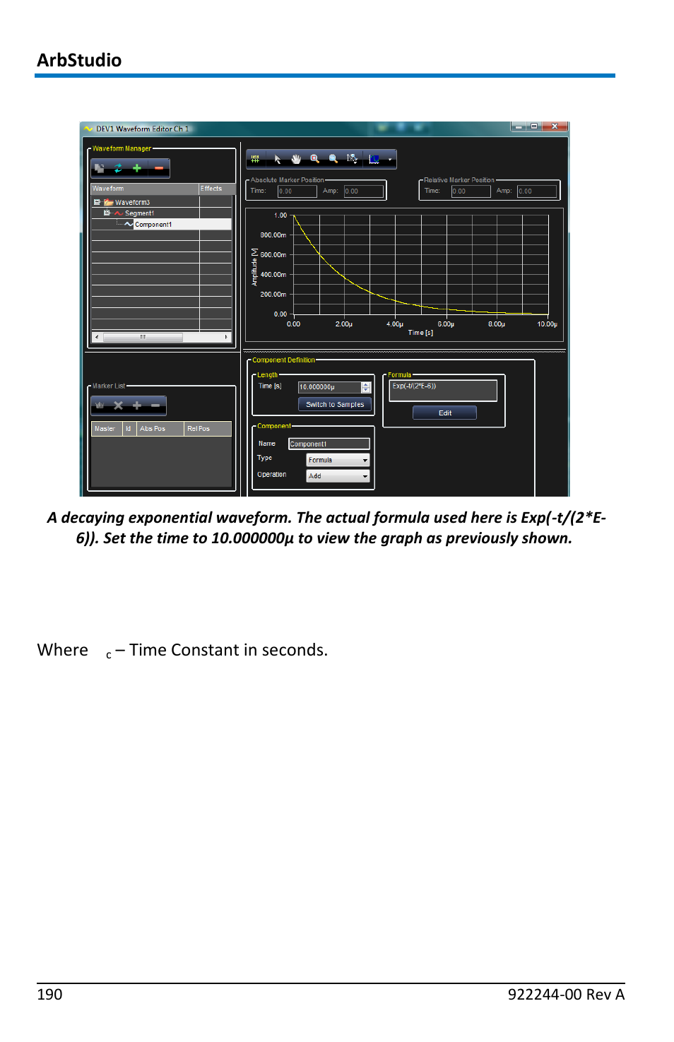 Decaying exponential, Exp(-t/t, Formula's general format | Teledyne LeCroy ArbStudio User Manual | Page 198 / 228