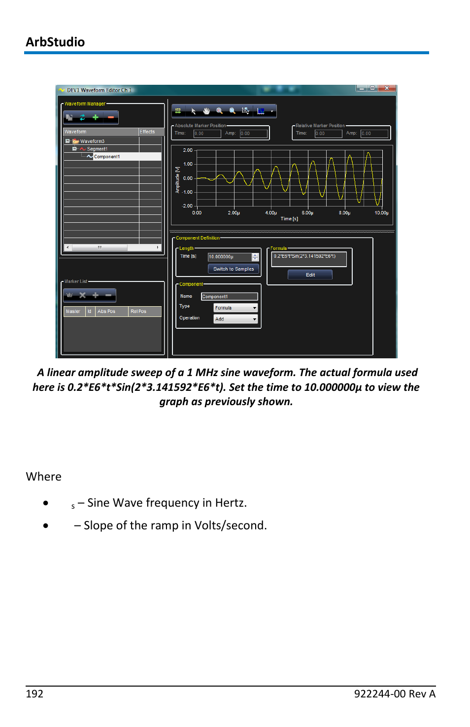 Linear amplitude sweep of a sine wave, A*t) *sin(2*pi*t* f, Formula's general format | Teledyne LeCroy ArbStudio User Manual | Page 200 / 228