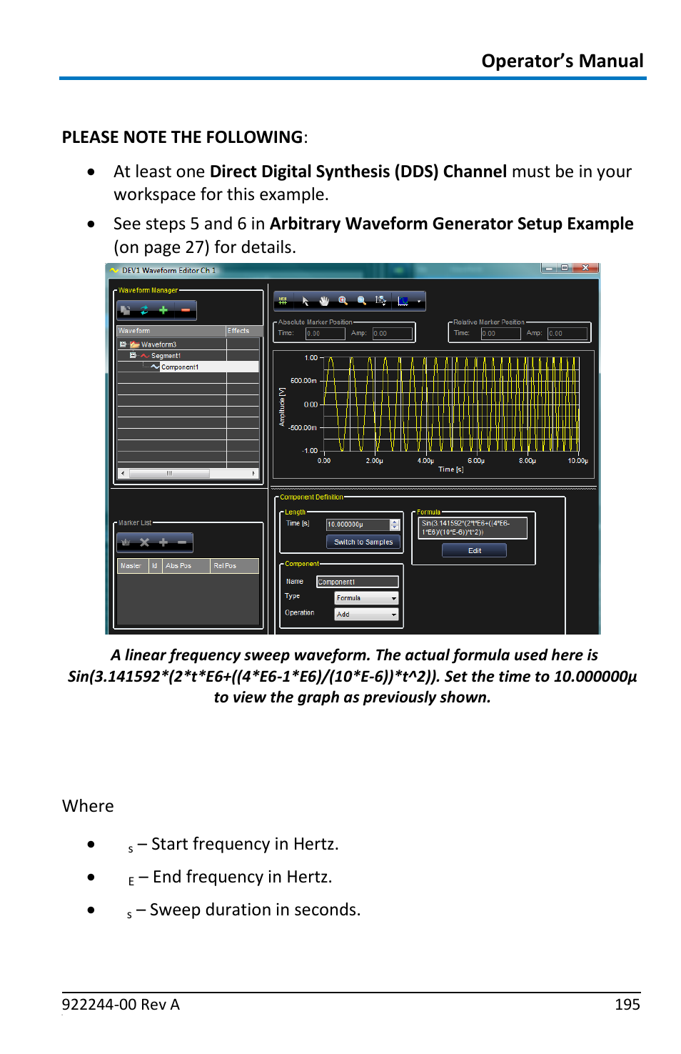 Linear frequency sweep, Sin(pi*(2*t*f, T^2)) | Formula's general format | Teledyne LeCroy ArbStudio User Manual | Page 203 / 228