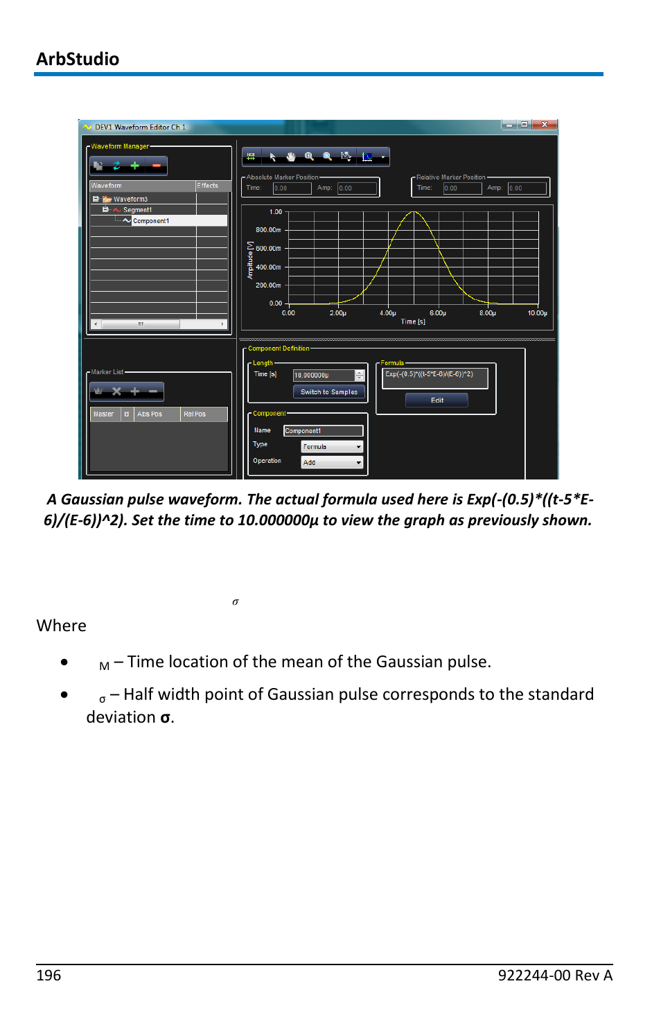 Gaussian pulse, Exp(-(1/2)*((t-t, Formula's general format | Teledyne LeCroy ArbStudio User Manual | Page 204 / 228