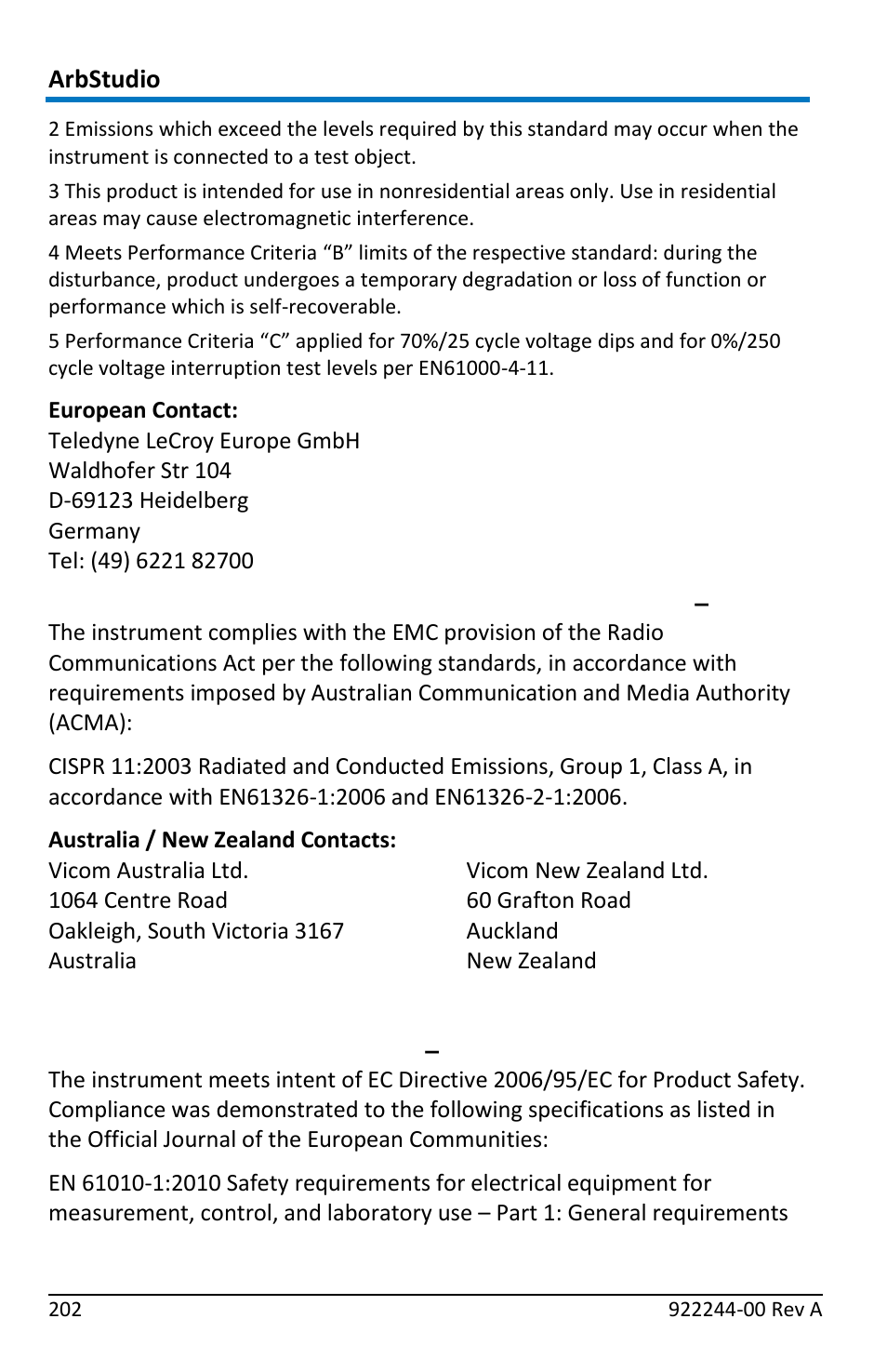 Safety compliance, Arbstudio | Teledyne LeCroy ArbStudio User Manual | Page 210 / 228