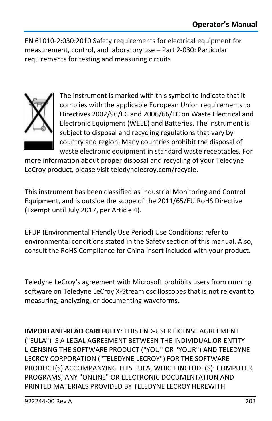 Windows, License agreement, X-stream software end-user license agreement | Environmental compliance, Operator’s manual | Teledyne LeCroy ArbStudio User Manual | Page 211 / 228