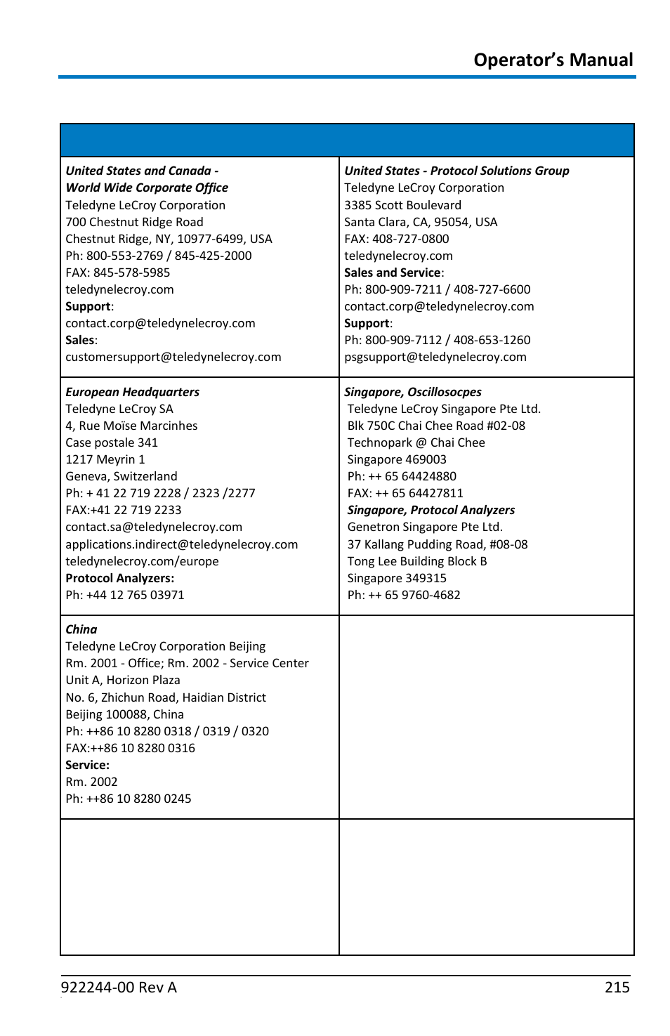 Contact teledyne lecroy, Operator’s manual, Teledyne lecroy service centers | Teledyne LeCroy ArbStudio User Manual | Page 223 / 228