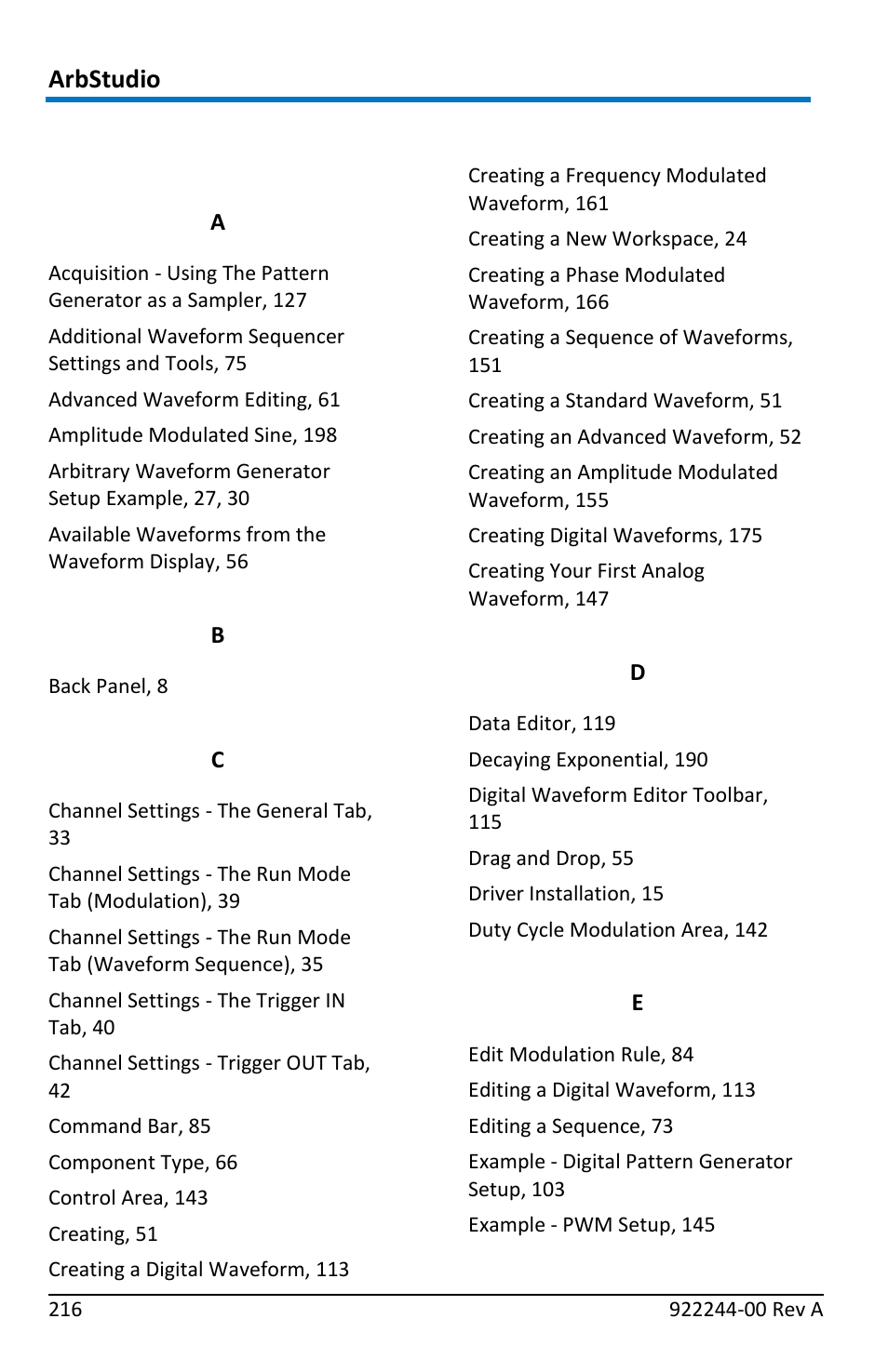 Index, Arbstudio | Teledyne LeCroy ArbStudio User Manual | Page 224 / 228