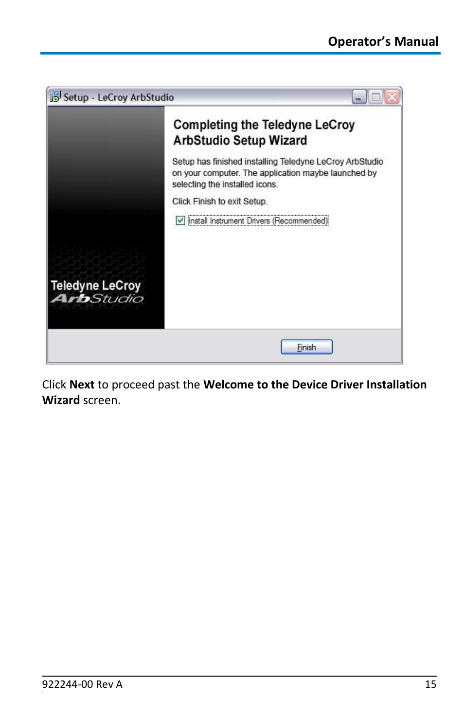 Driver installation, Operator’s manual | Teledyne LeCroy ArbStudio User Manual | Page 23 / 228