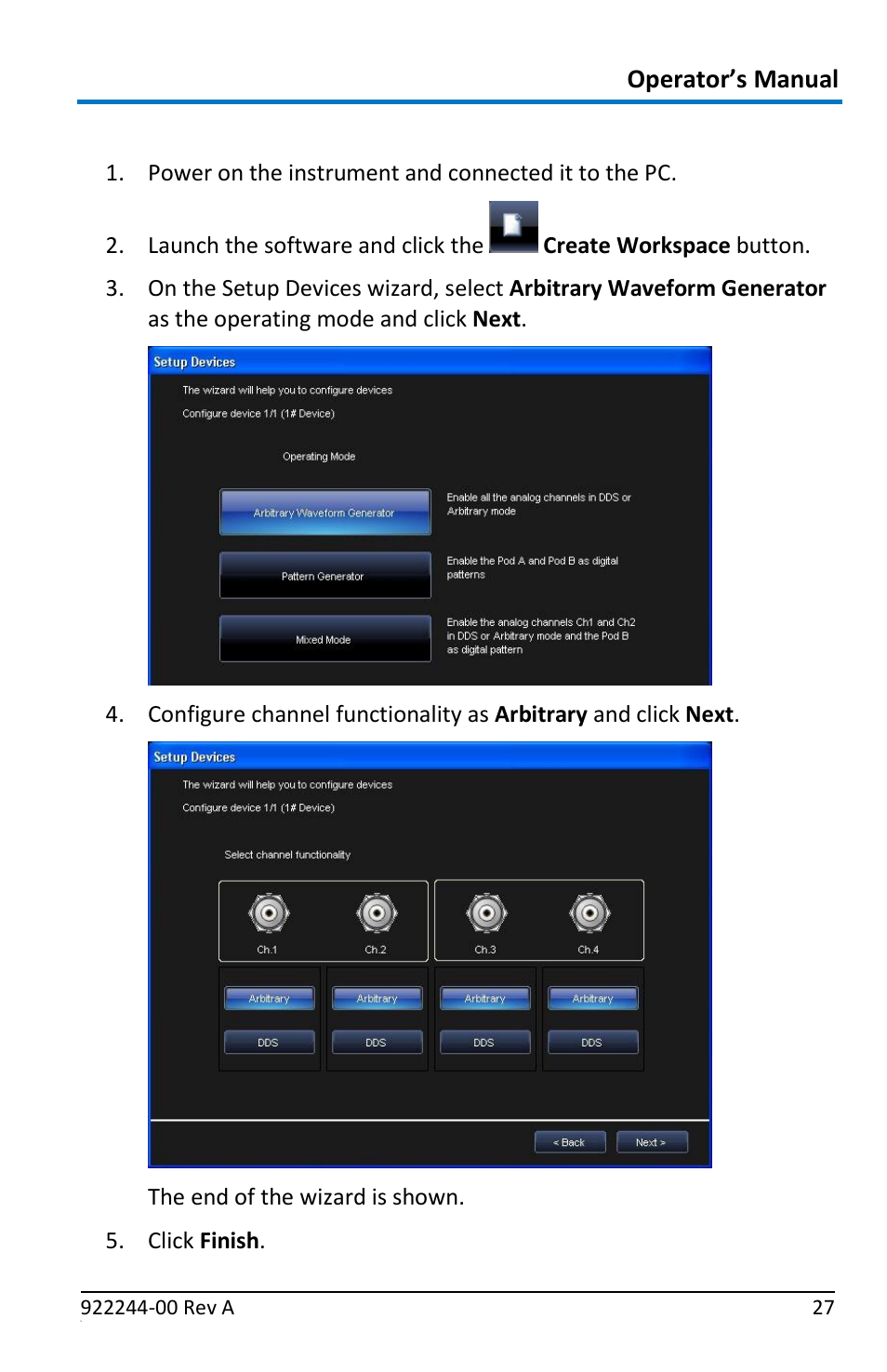 Arbitrary waveform generator setup example, Operator’s manual | Teledyne LeCroy ArbStudio User Manual | Page 35 / 228