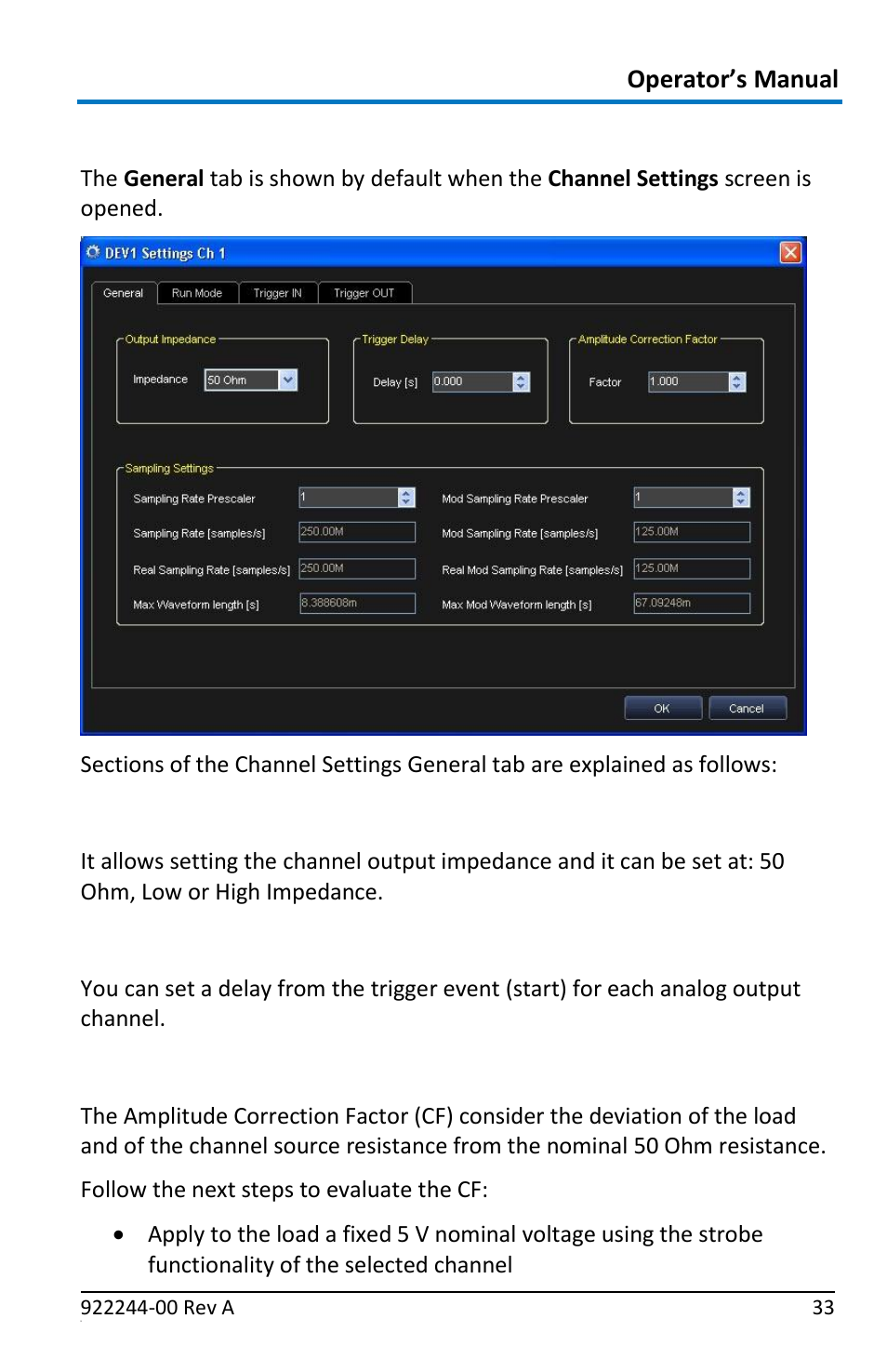 Channel settings - the general tab, Output impedance, Trigger delay | Amplitude correction factor | Teledyne LeCroy ArbStudio User Manual | Page 41 / 228