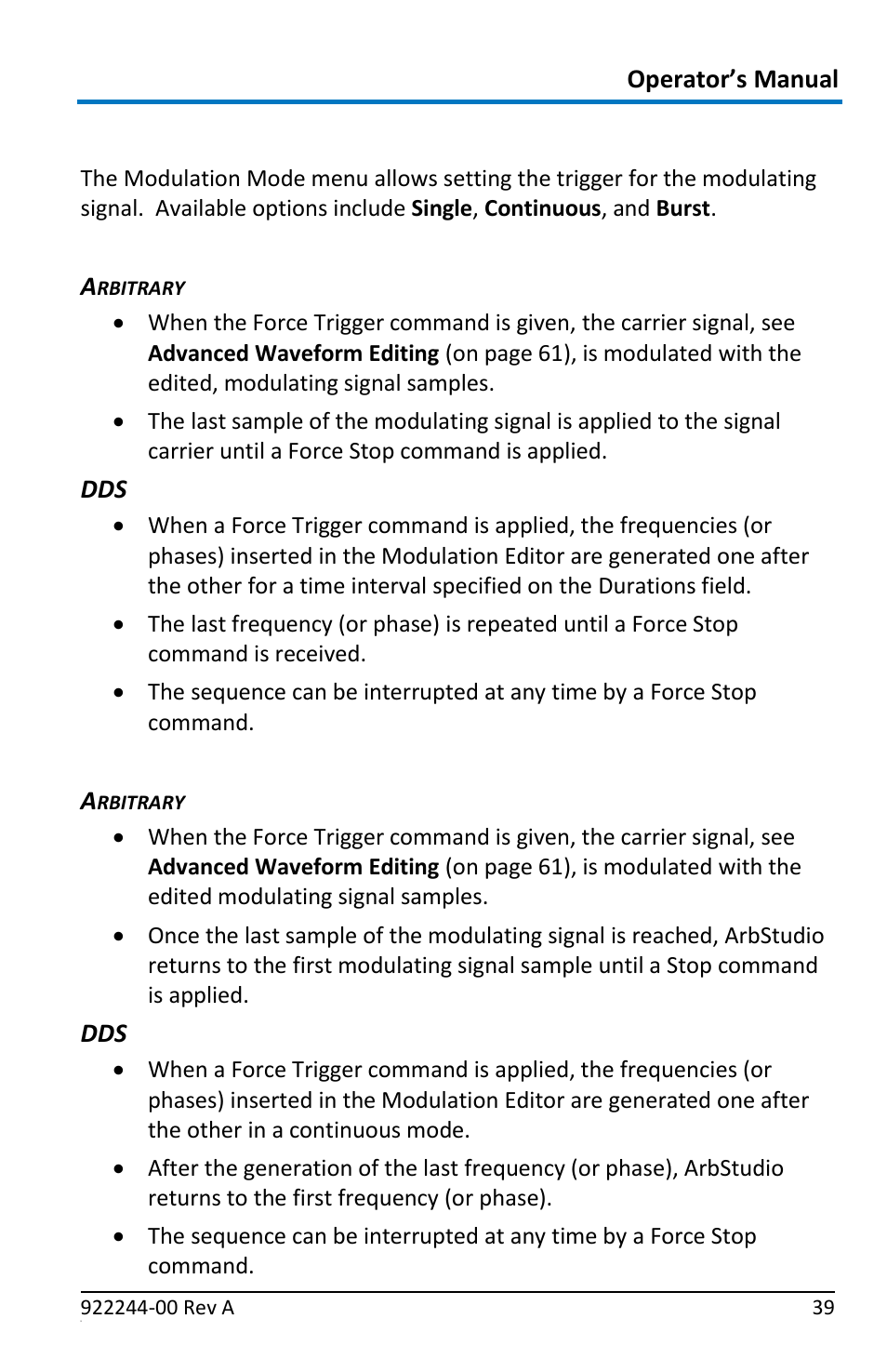 Channel settings - run mode tab (modulation), Single, Continuous | Teledyne LeCroy ArbStudio User Manual | Page 47 / 228