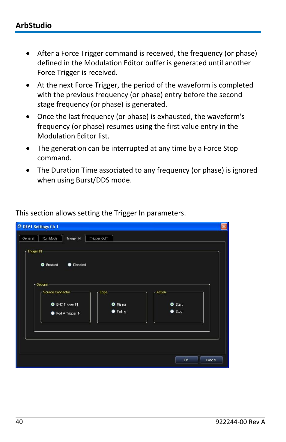 Channel settings - the trigger in tab, Burst (dds only) | Teledyne LeCroy ArbStudio User Manual | Page 48 / 228