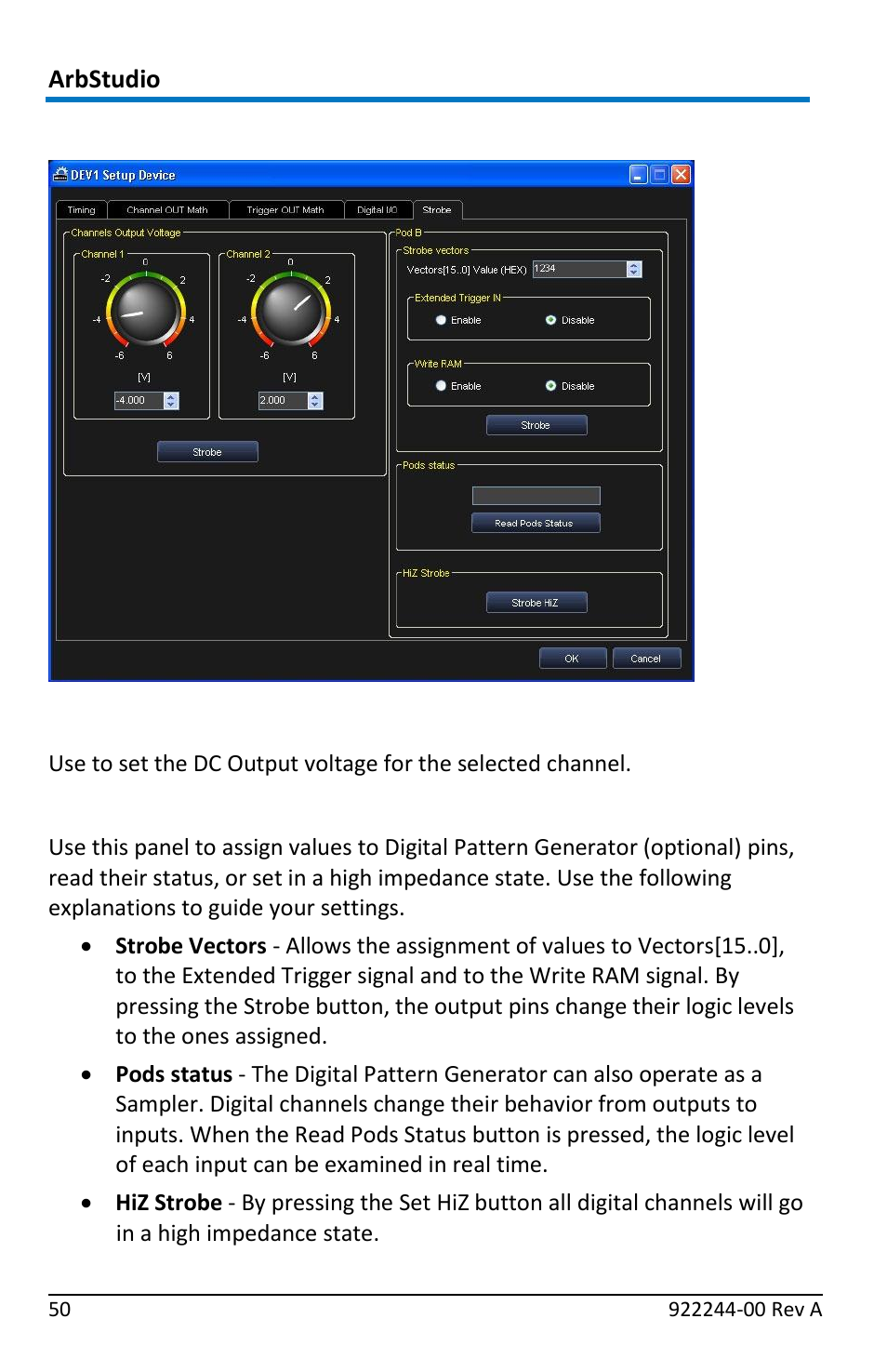 Strobe tab, Channels output voltage (arbitrary and dds), Pod a/b (pattern generator) | Teledyne LeCroy ArbStudio User Manual | Page 58 / 228