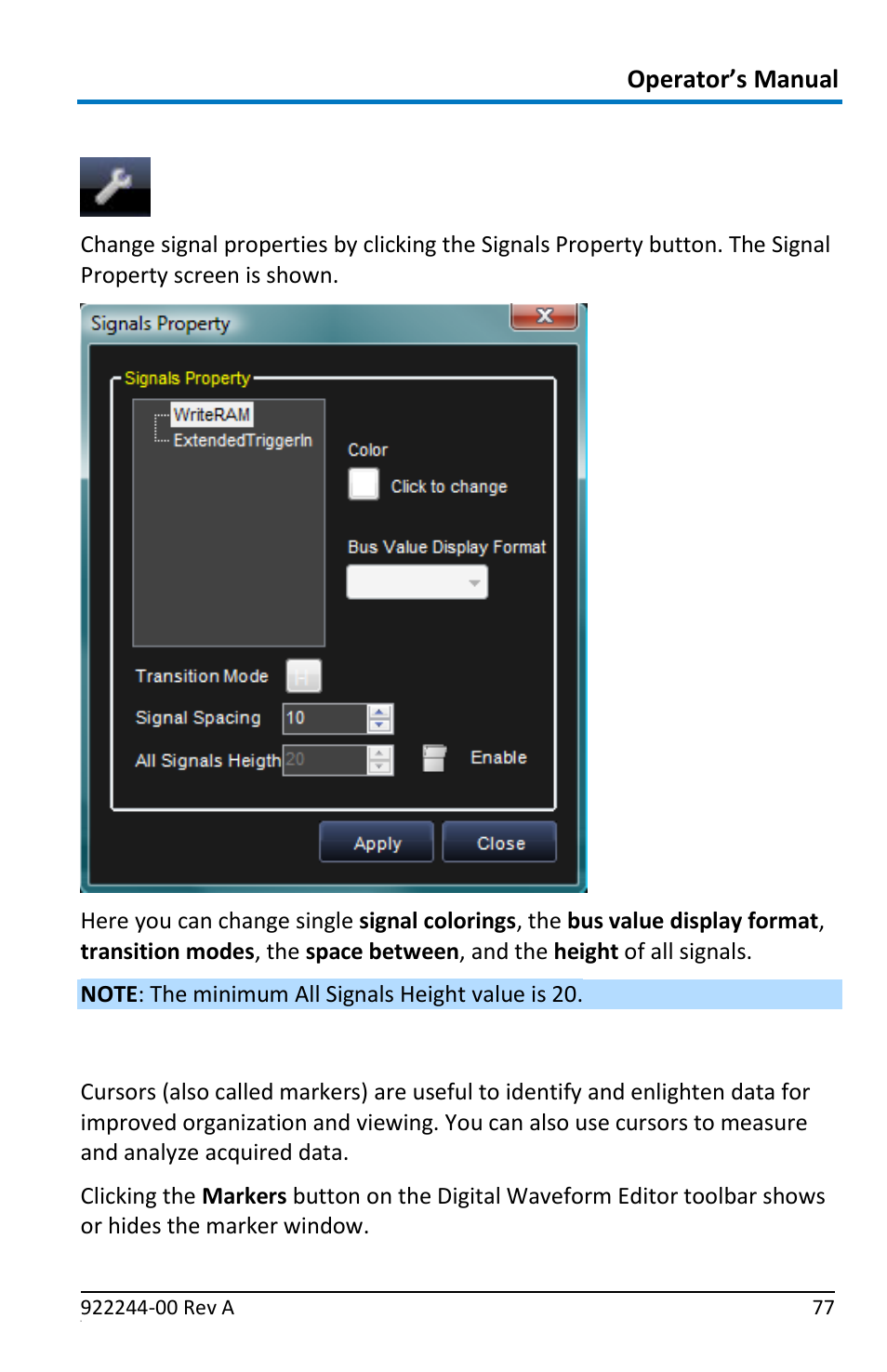 Signals property settings, Cursors, Operator’s manual | Teledyne LeCroy ArbStudio User Manual | Page 85 / 228