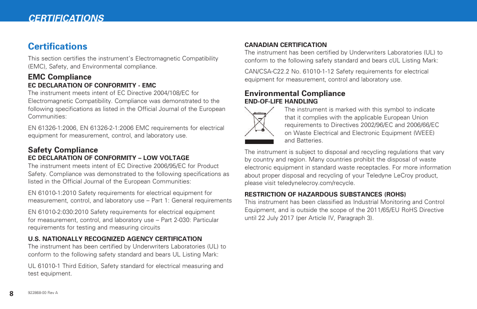 Certifications | Teledyne LeCroy WaveStation 3000 Getting Started Guide User Manual | Page 10 / 12