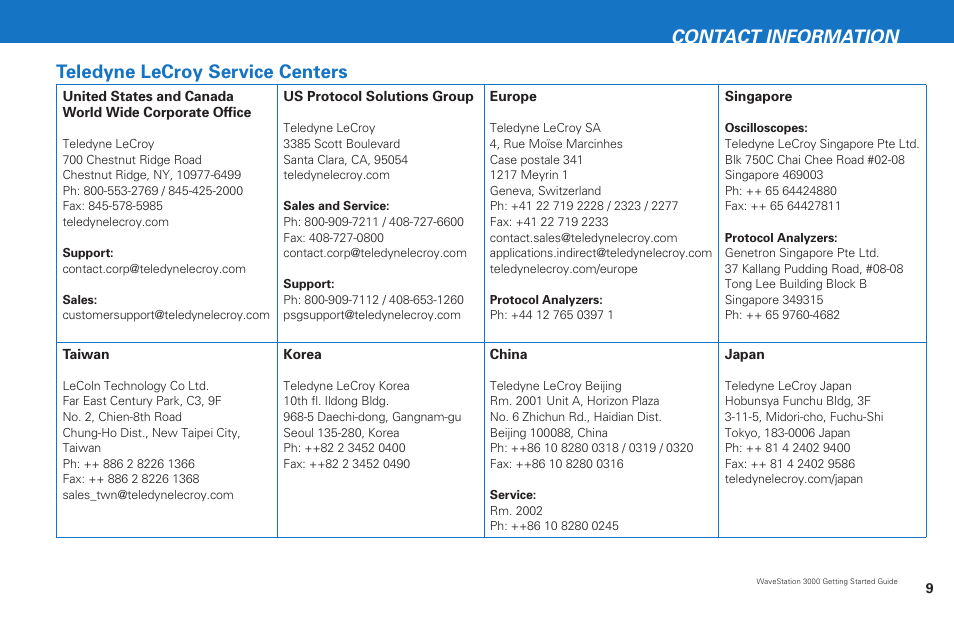 Teledyne lecroy service centers, Contact information | Teledyne LeCroy WaveStation 3000 Getting Started Guide User Manual | Page 11 / 12
