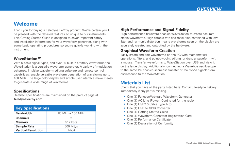 Welcome, Overview, Materials list | Teledyne LeCroy WaveStation 3000 Getting Started Guide User Manual | Page 3 / 12