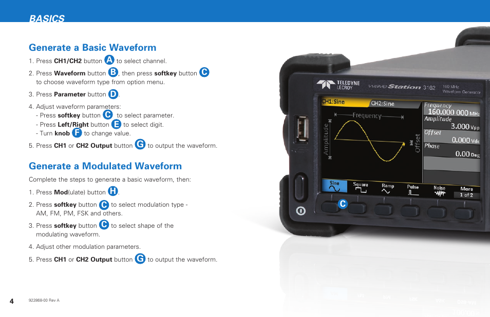 Basics generate a basic waveform, Generate a modulated waveform | Teledyne LeCroy WaveStation 3000 Getting Started Guide User Manual | Page 6 / 12