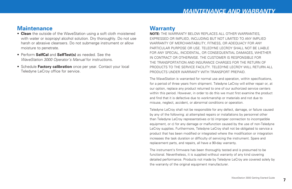 Warranty, Maintenance and warranty maintenance | Teledyne LeCroy WaveStation 3000 Getting Started Guide User Manual | Page 9 / 12