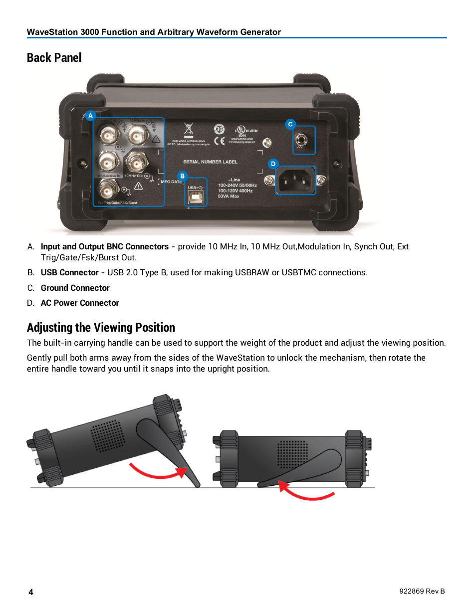 Back panel, Adjusting the viewing position | Teledyne LeCroy WaveStation 3000 Operators Manual User Manual | Page 10 / 58