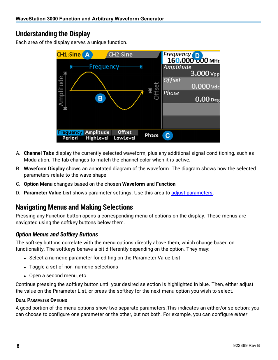 Understanding the display, Navigating menus and making selections, Option menus and softkey buttons | Teledyne LeCroy WaveStation 3000 Operators Manual User Manual | Page 14 / 58