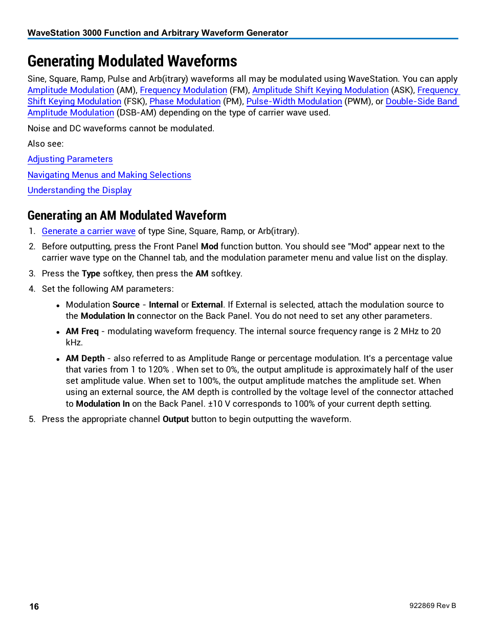 Generating modulated waveforms, Generating an am modulated waveform, Modulation | Teledyne LeCroy WaveStation 3000 Operators Manual User Manual | Page 22 / 58