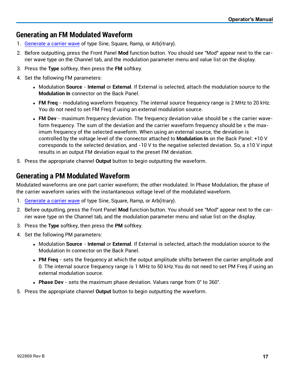Generating an fm modulated waveform, Generating a pm modulated waveform, Frequency modulation | Phase modulation | Teledyne LeCroy WaveStation 3000 Operators Manual User Manual | Page 23 / 58