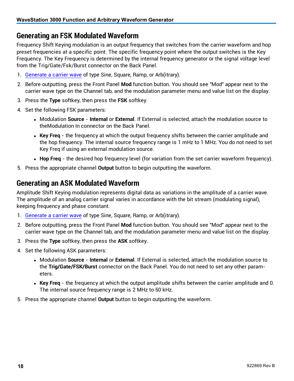 Generating an fsk modulated waveform, Generating an ask modulated waveform, Amplitude shift keying modulation | Frequency, Shift keying modulation | Teledyne LeCroy WaveStation 3000 Operators Manual User Manual | Page 24 / 58