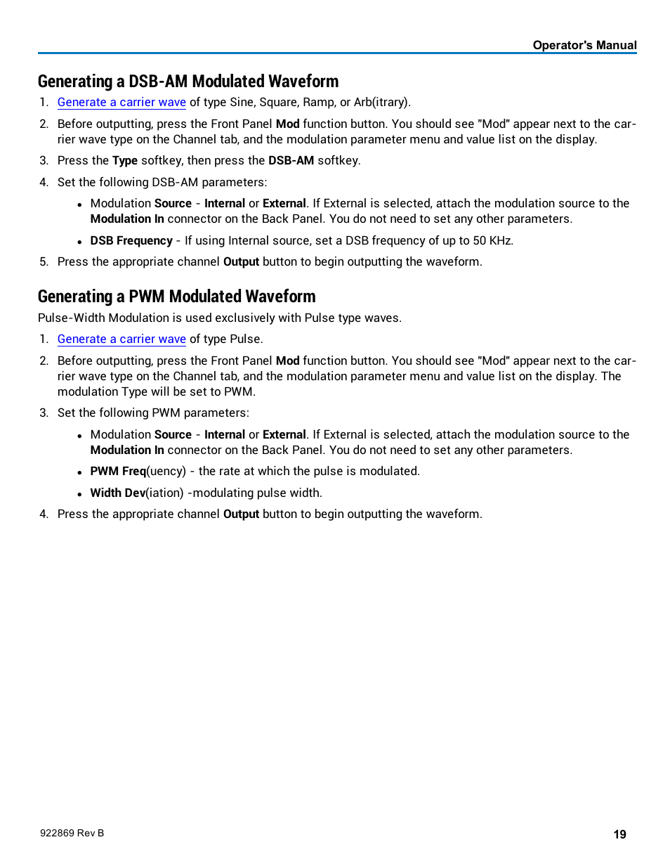 Generating a dsb-am modulated waveform, Generating a pwm modulated waveform, Pulse-width modulation | Double-side band, Amplitude modulation | Teledyne LeCroy WaveStation 3000 Operators Manual User Manual | Page 25 / 58