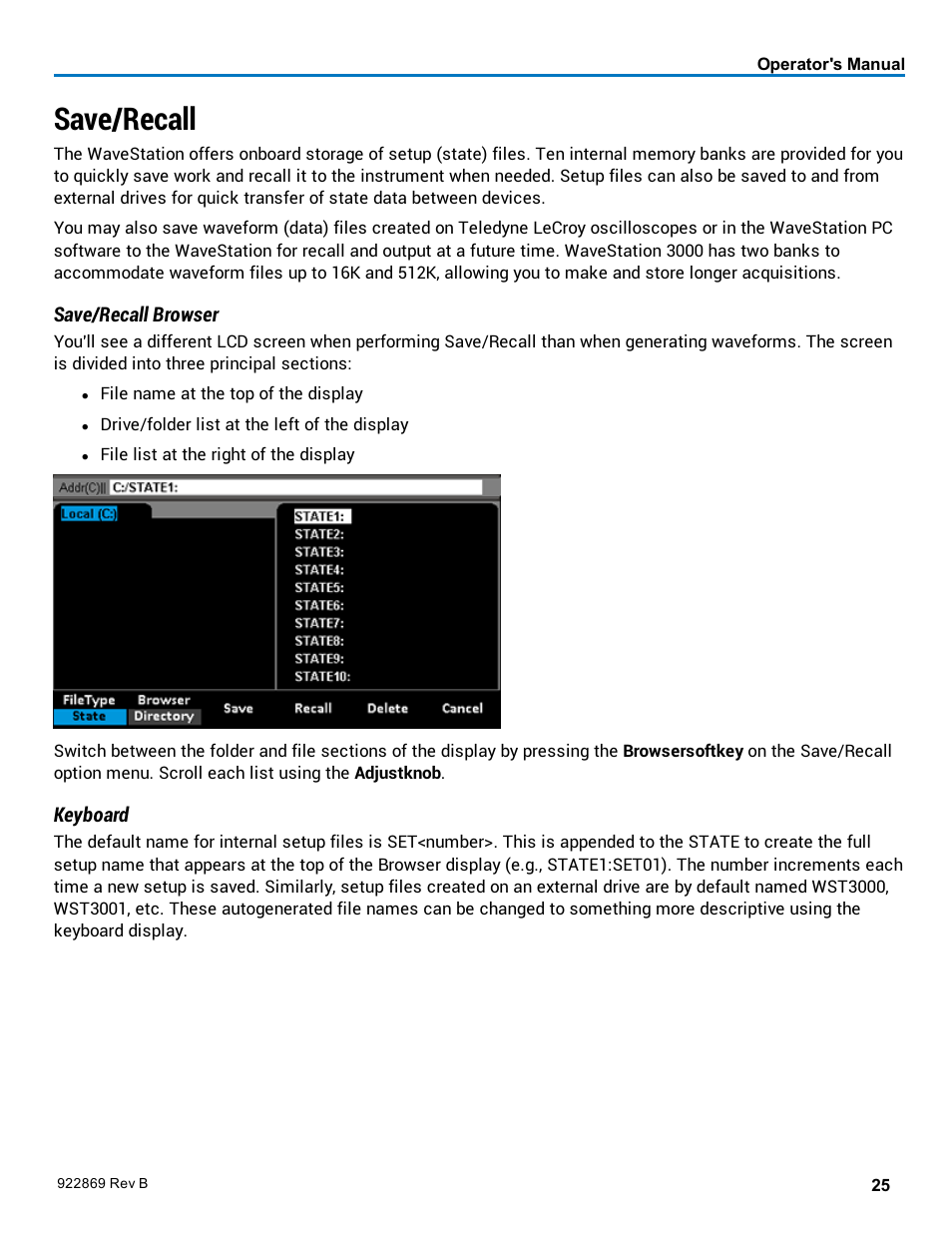 Save/recall | Teledyne LeCroy WaveStation 3000 Operators Manual User Manual | Page 31 / 58