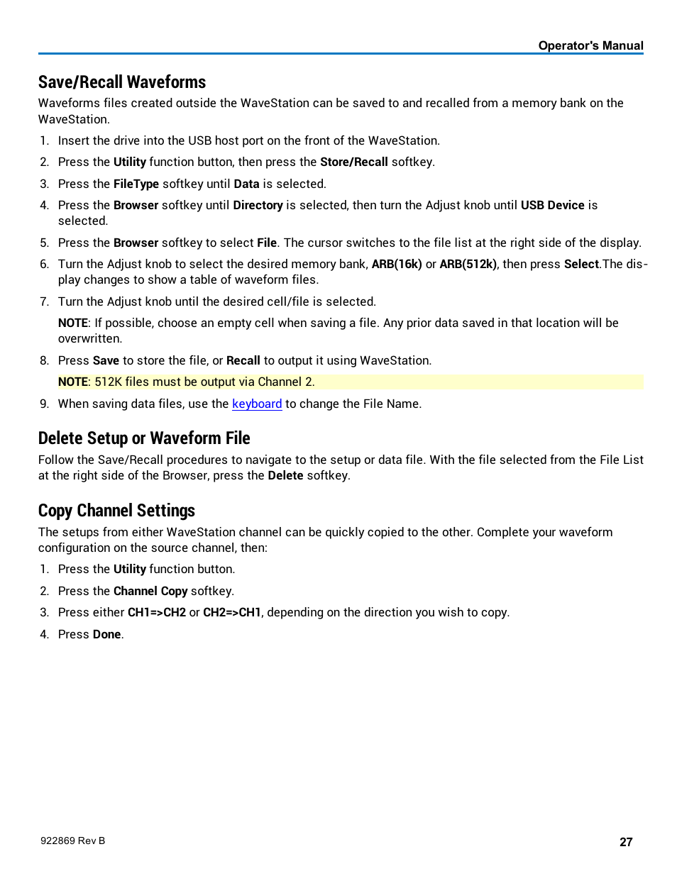 Save/recall waveforms, Delete setup or waveform file, Copy channel settings | Recalling stored waveforms | Teledyne LeCroy WaveStation 3000 Operators Manual User Manual | Page 33 / 58