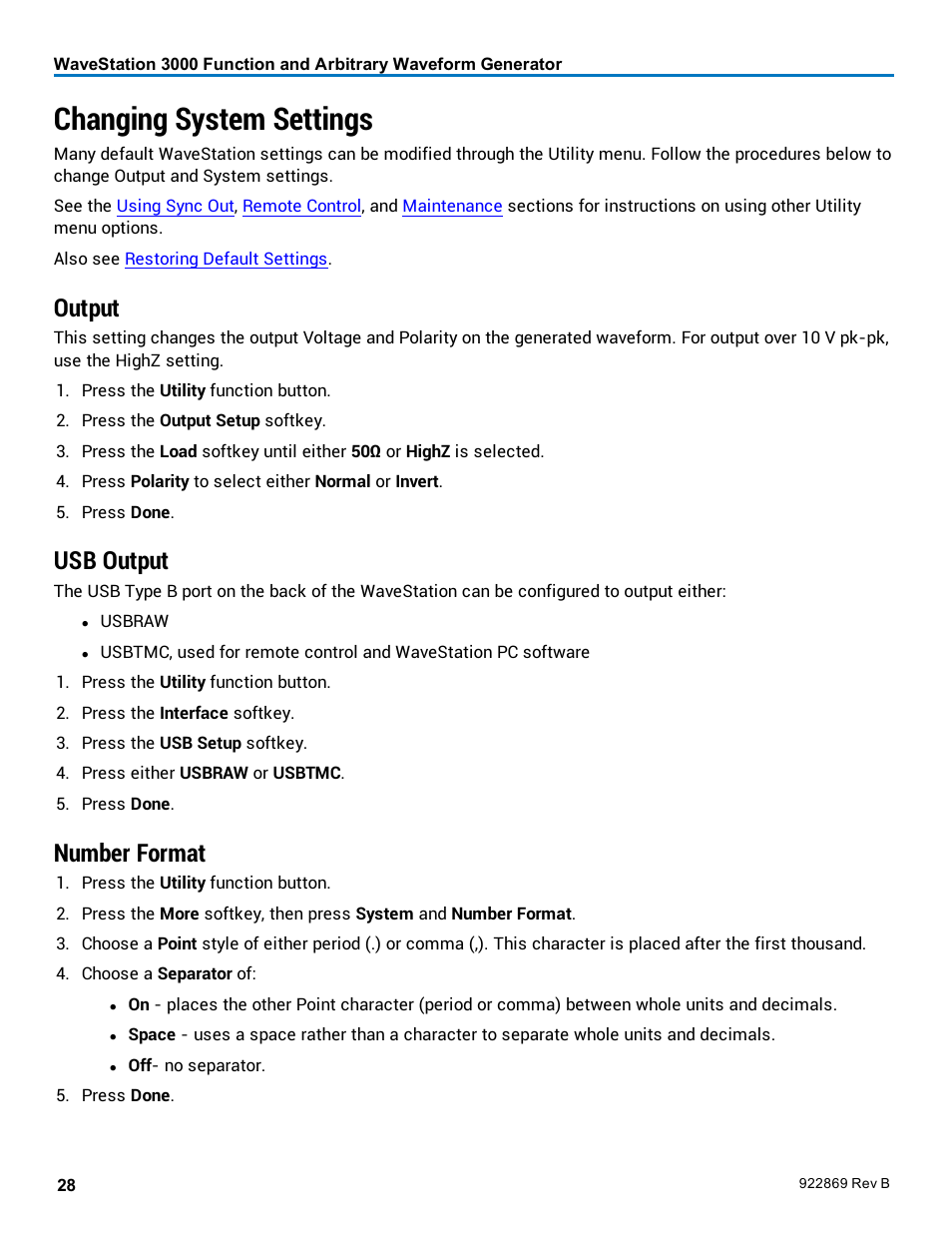 Changing system settings, Output, Usb output | Number format | Teledyne LeCroy WaveStation 3000 Operators Manual User Manual | Page 34 / 58