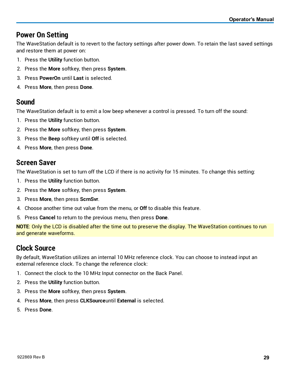 Power on setting, Sound, Screen saver | Clock source, Change this setting | Teledyne LeCroy WaveStation 3000 Operators Manual User Manual | Page 35 / 58