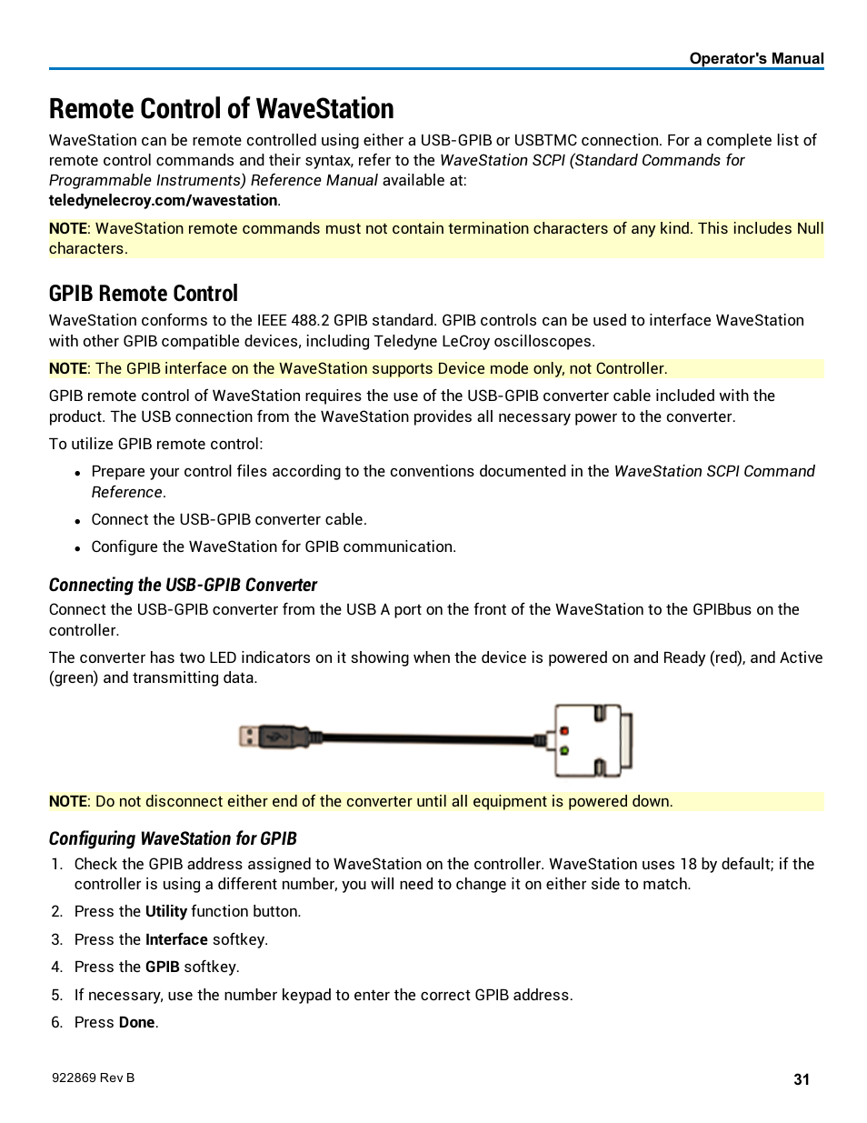 Remote control of wavestation, Gpib remote control, Remote control | Teledyne LeCroy WaveStation 3000 Operators Manual User Manual | Page 37 / 58