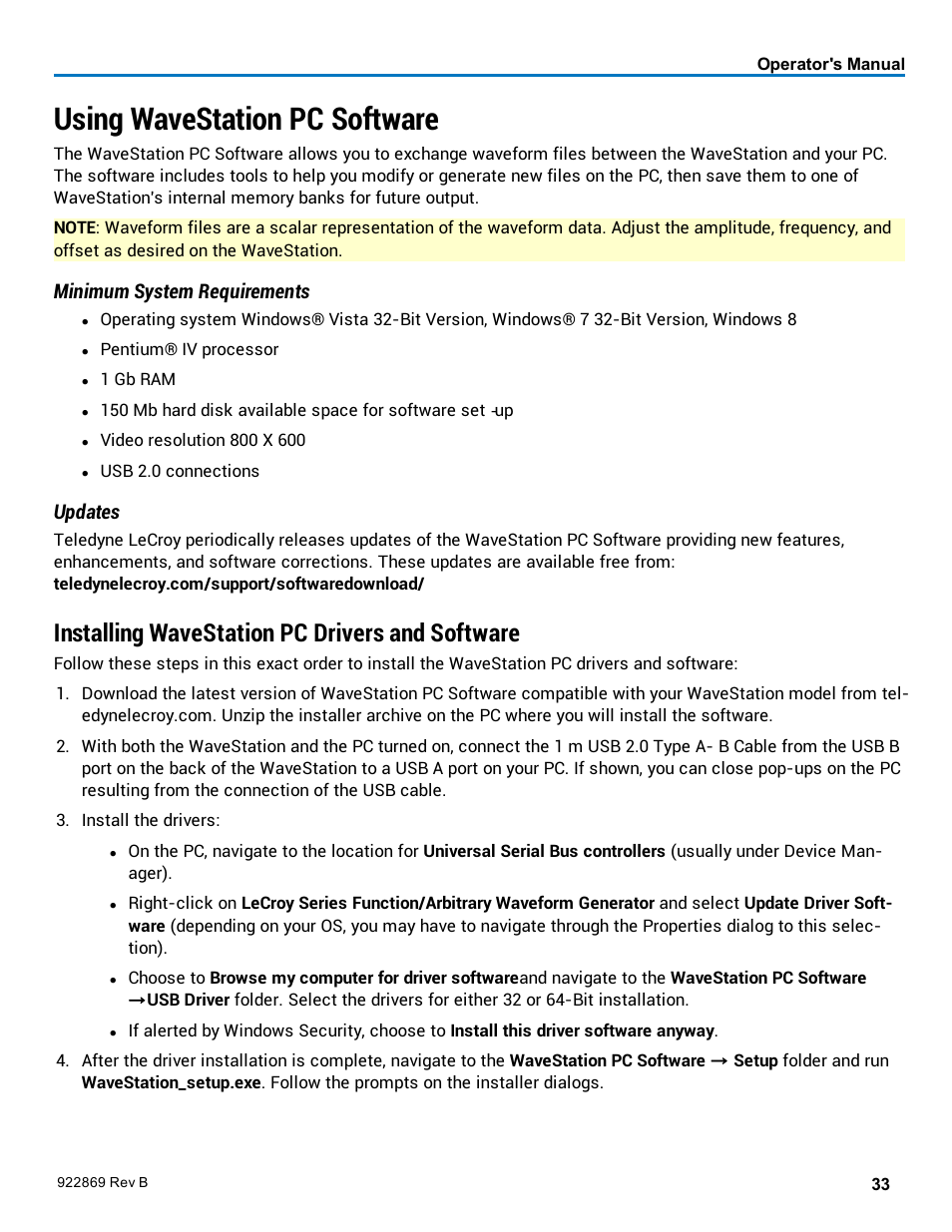 Using wavestation pc software, Installing wavestation pc drivers and software, Minimum system requirements | Updates | Teledyne LeCroy WaveStation 3000 Operators Manual User Manual | Page 39 / 58