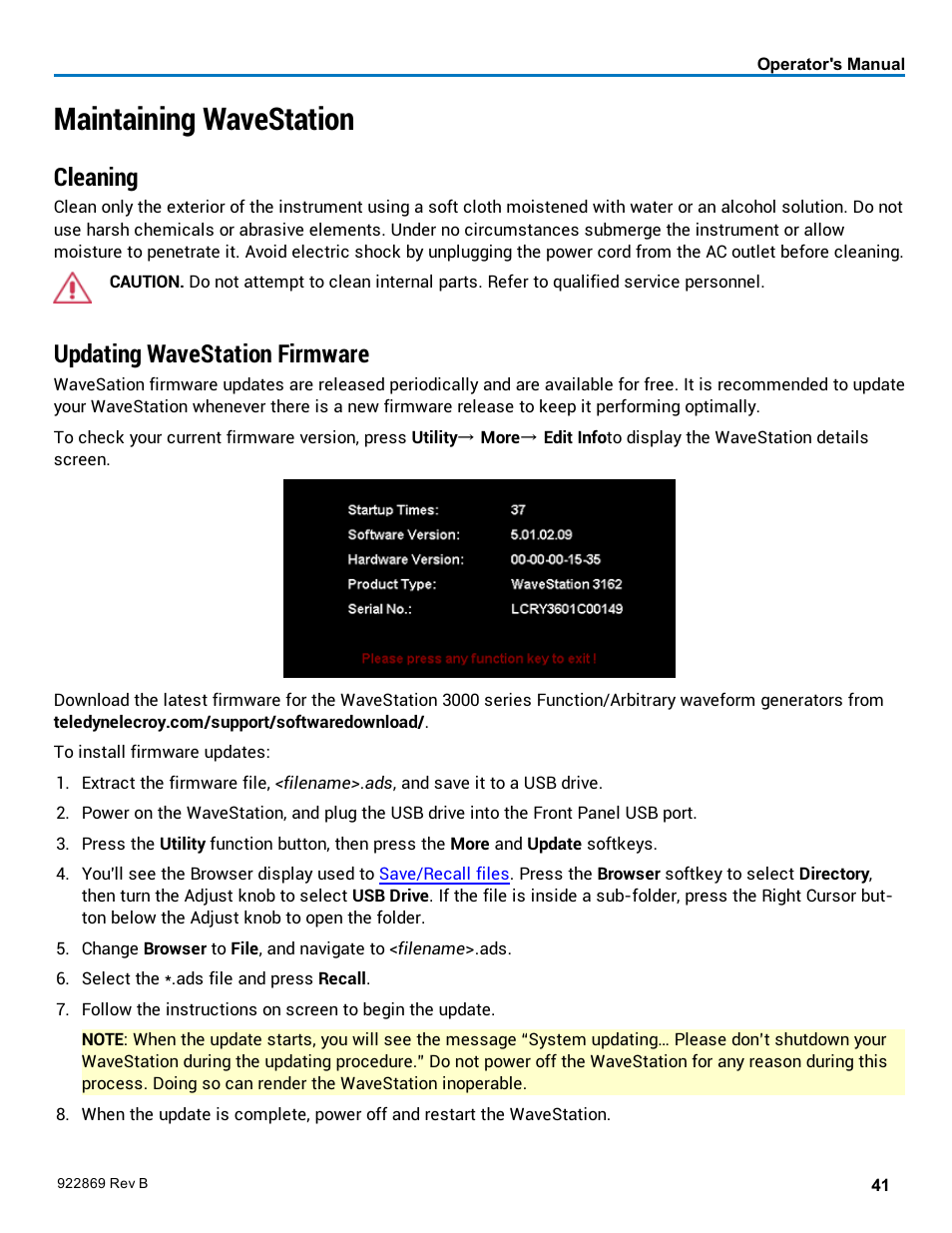 Maintaining wavestation, Cleaning, Updating wavestation firmware | Maintenance | Teledyne LeCroy WaveStation 3000 Operators Manual User Manual | Page 47 / 58