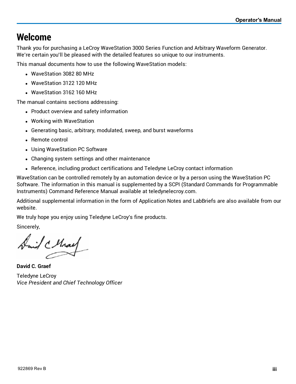 Welcome | Teledyne LeCroy WaveStation 3000 Operators Manual User Manual | Page 5 / 58