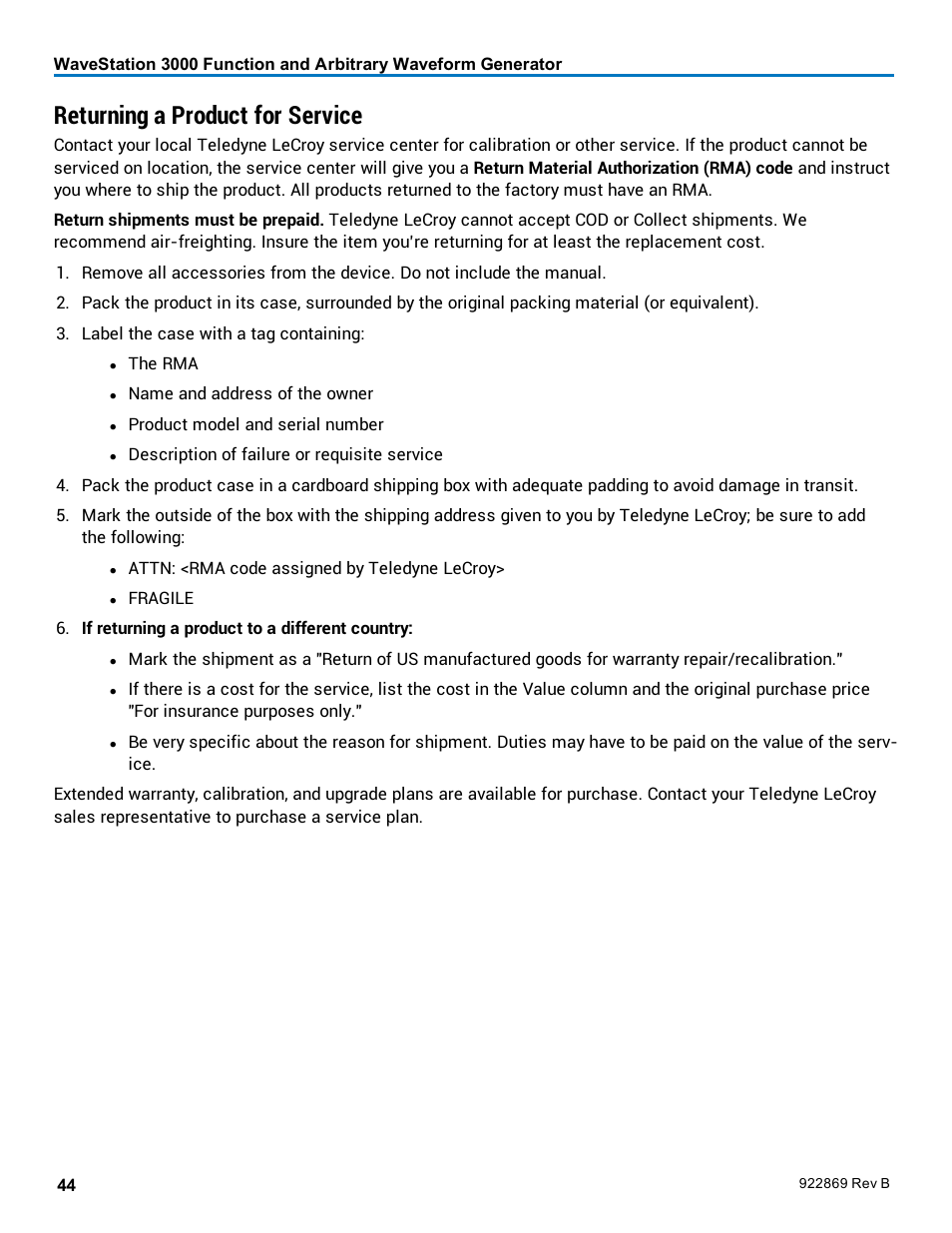 Returning a product for service | Teledyne LeCroy WaveStation 3000 Operators Manual User Manual | Page 50 / 58