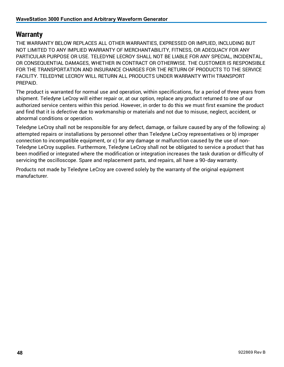 Warranty | Teledyne LeCroy WaveStation 3000 Operators Manual User Manual | Page 54 / 58