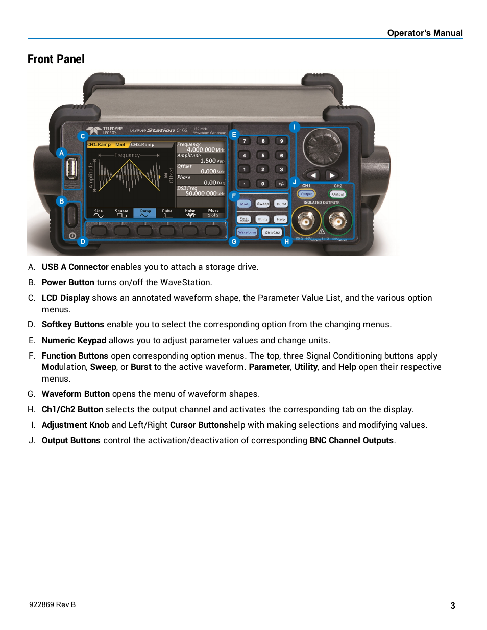 Front panel | Teledyne LeCroy WaveStation 3000 Operators Manual User Manual | Page 9 / 58