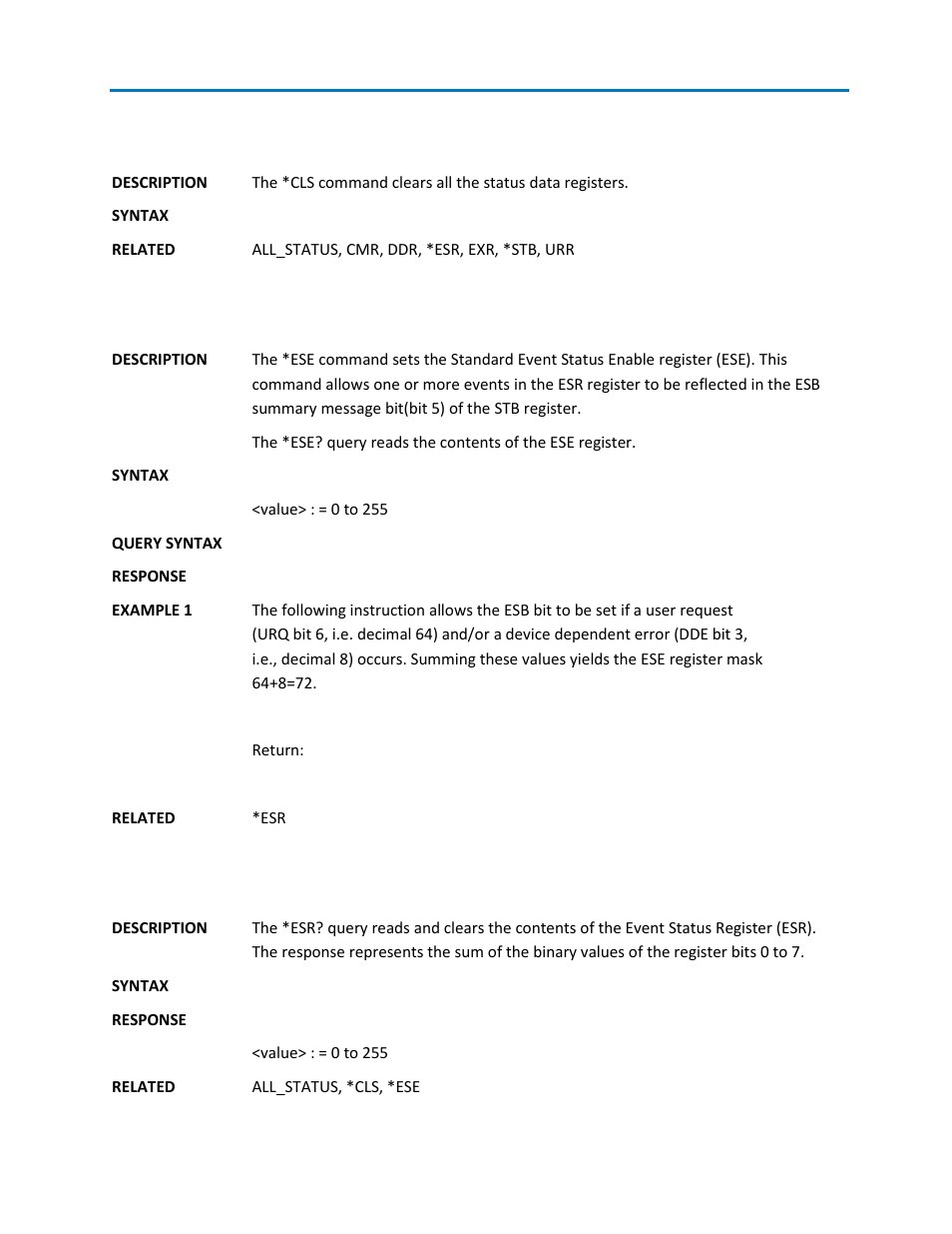 Cls – clear status command, Ese – event status register command, Esr? – event status register query | Teledyne LeCroy WaveStation SCPI Command Reference Manual User Manual | Page 13 / 32