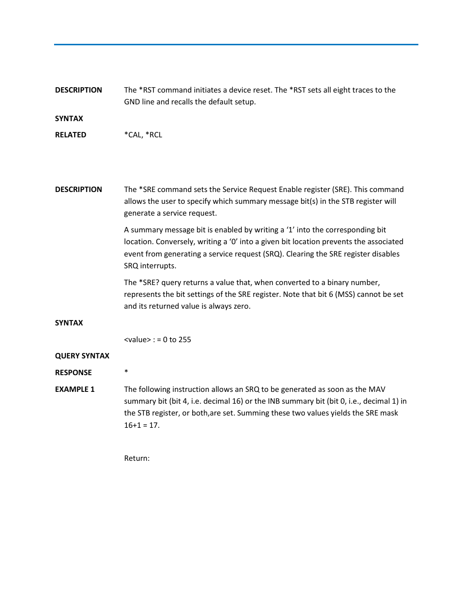 Rst – reset command, Sre – service request enable register command | Teledyne LeCroy WaveStation SCPI Command Reference Manual User Manual | Page 14 / 32