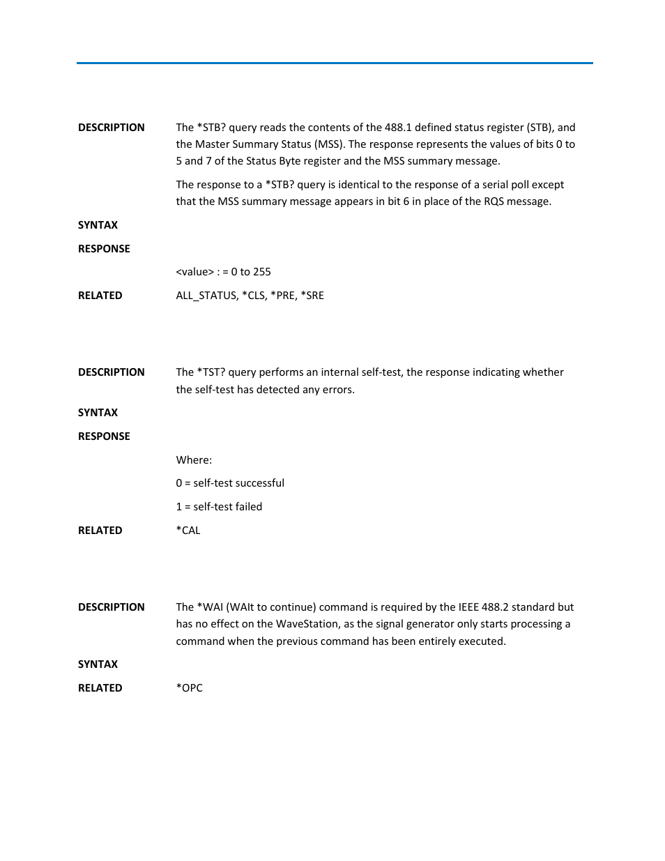 Stb? – status register query, Tst? – test query, Wai – wait command | Teledyne LeCroy WaveStation SCPI Command Reference Manual User Manual | Page 15 / 32